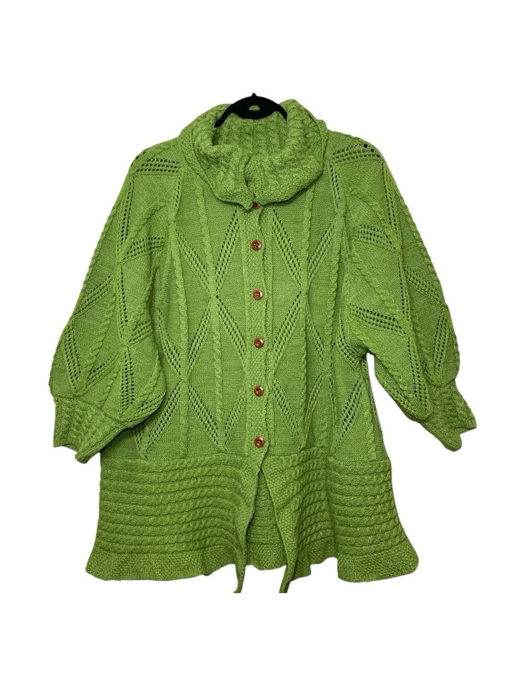 C.O.Z.Y Green Knit Sweater Ballon Sleeve Button Front Sz M (Real L-XL) Granola